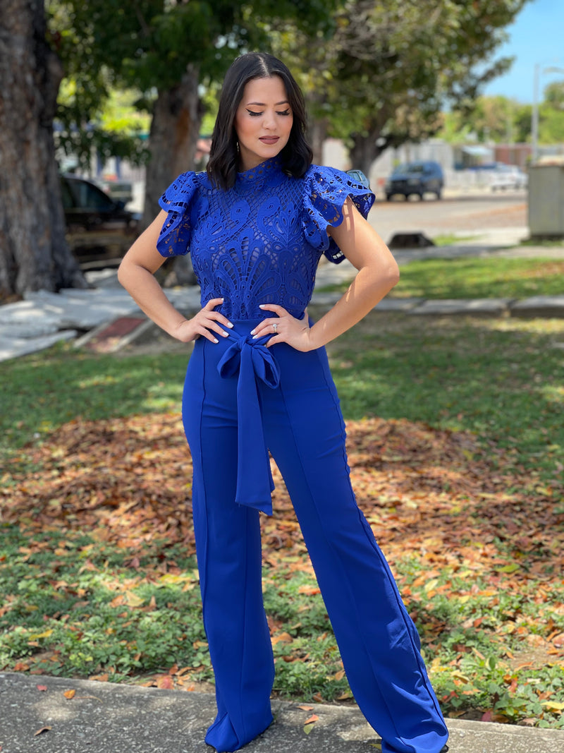 Royal blue lace jumpsuit sales
