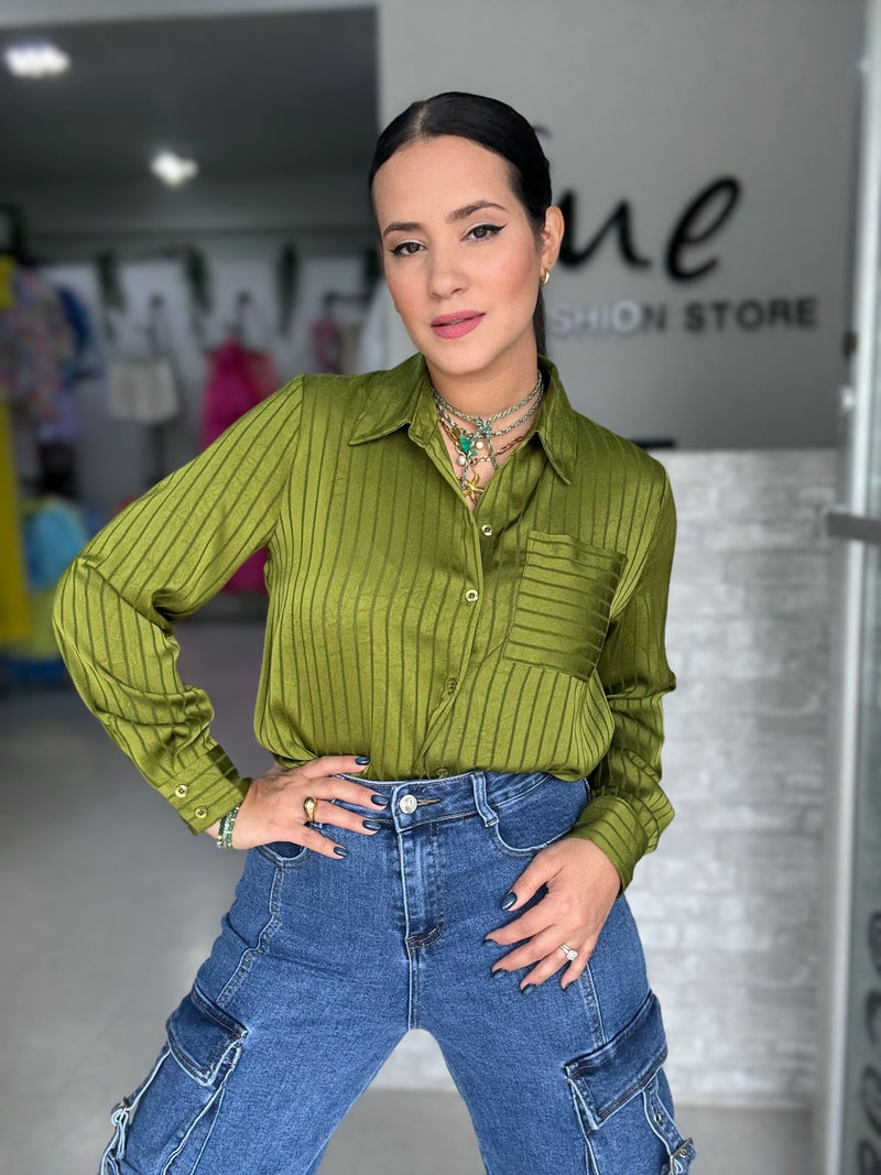 Olive Texture Button Blouse
