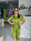 Olive Satin Midi Dress