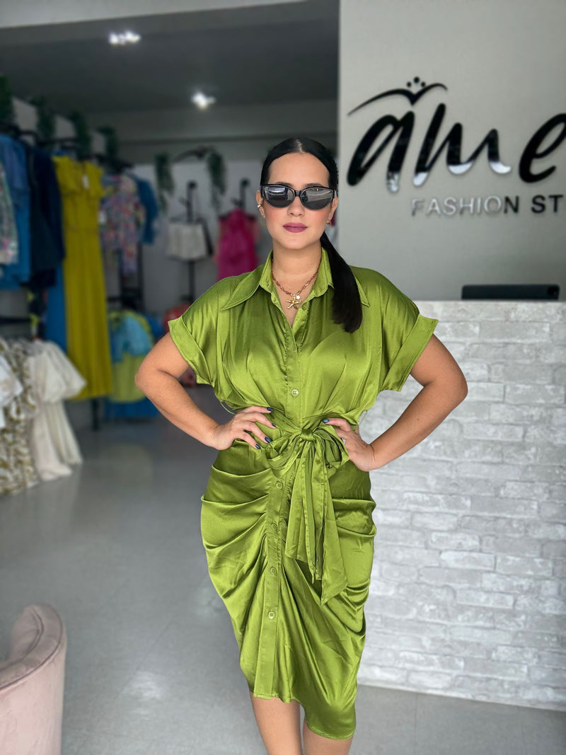 Olive Satin Midi Dress