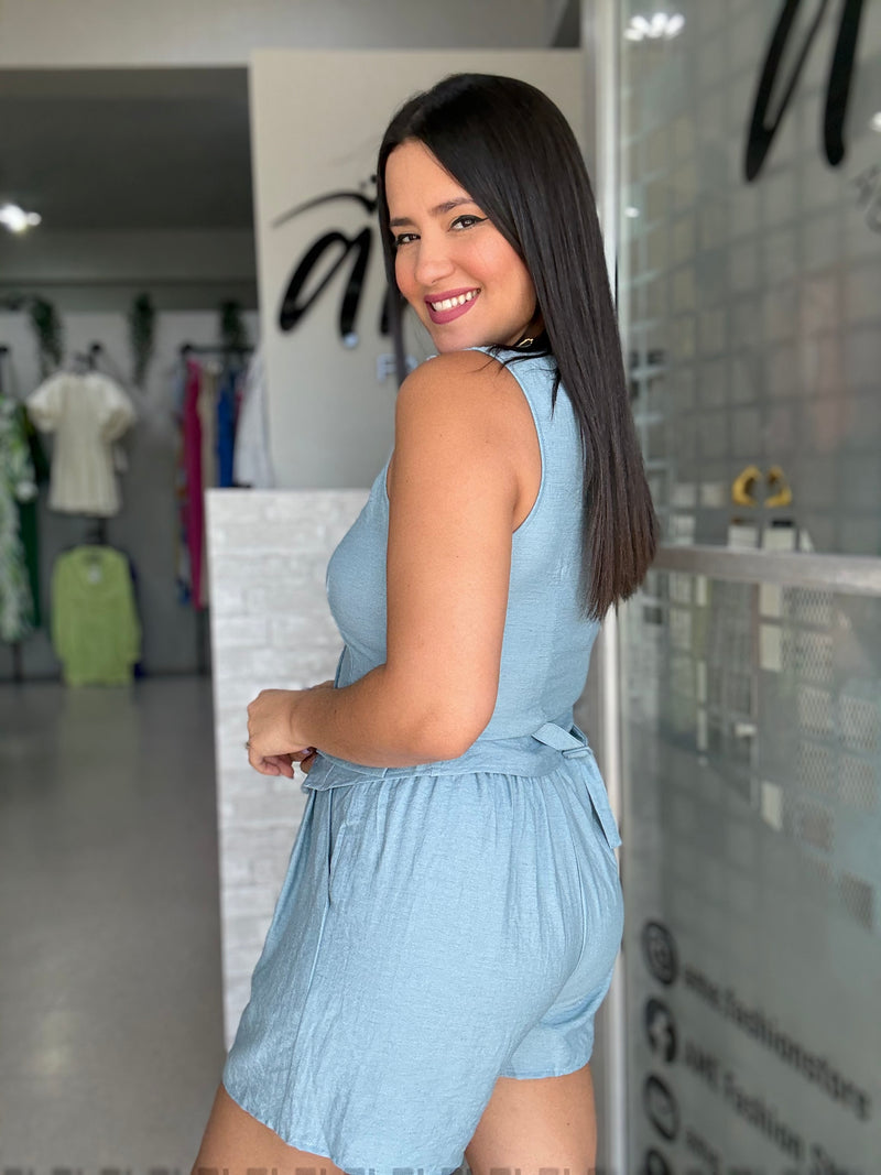 Blue Linen Short Set