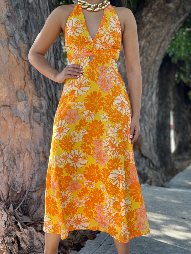 Orange Flowers Halter Dress