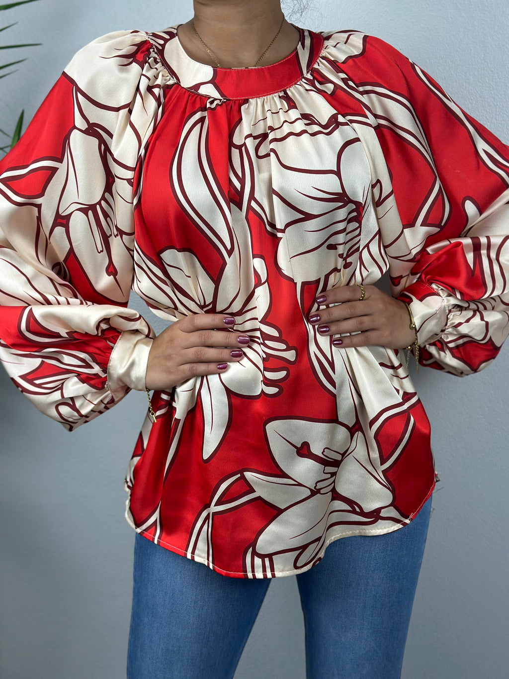 Beige and Red Flowers Blouse