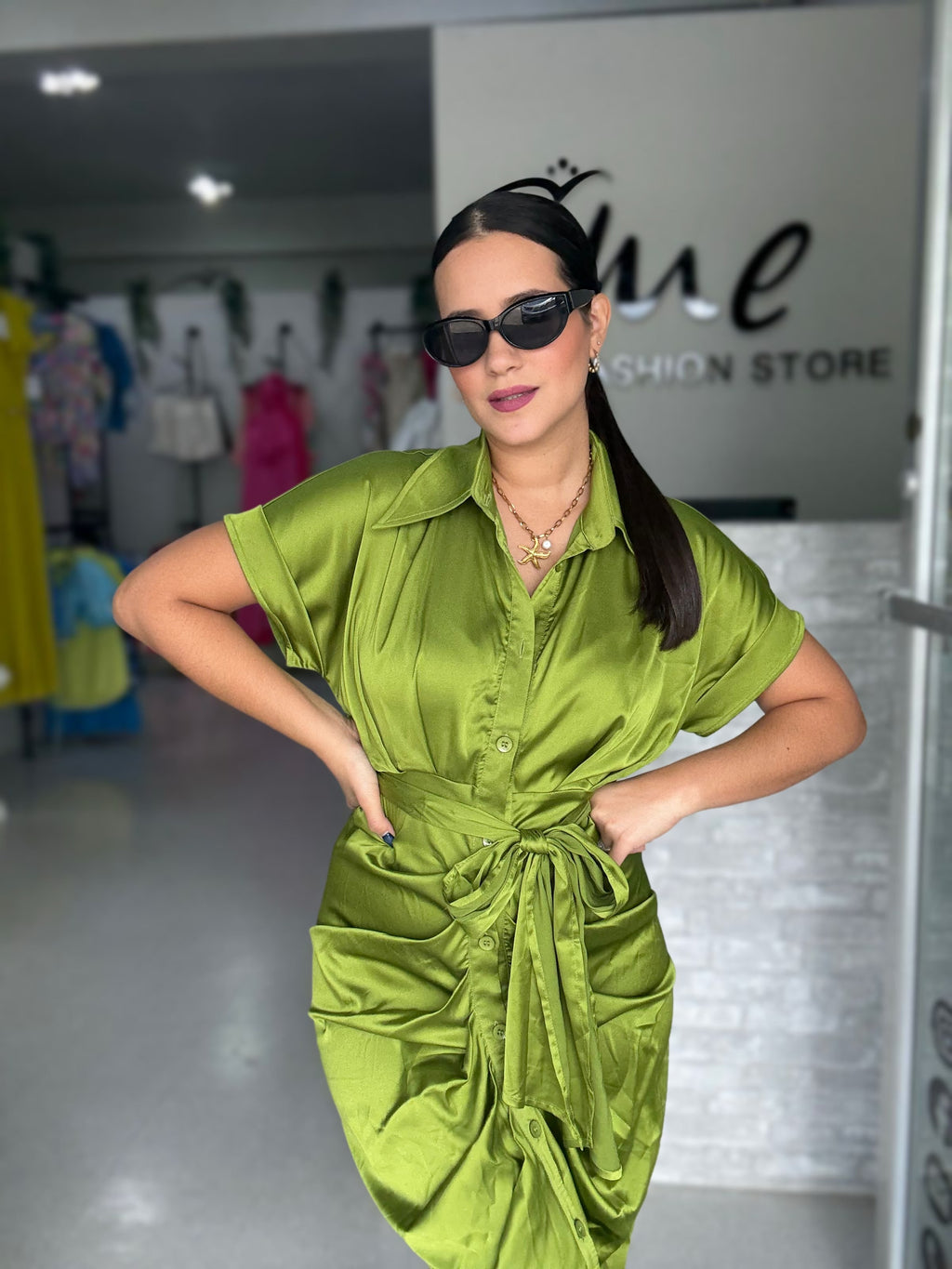 Olive Satin Midi Dress