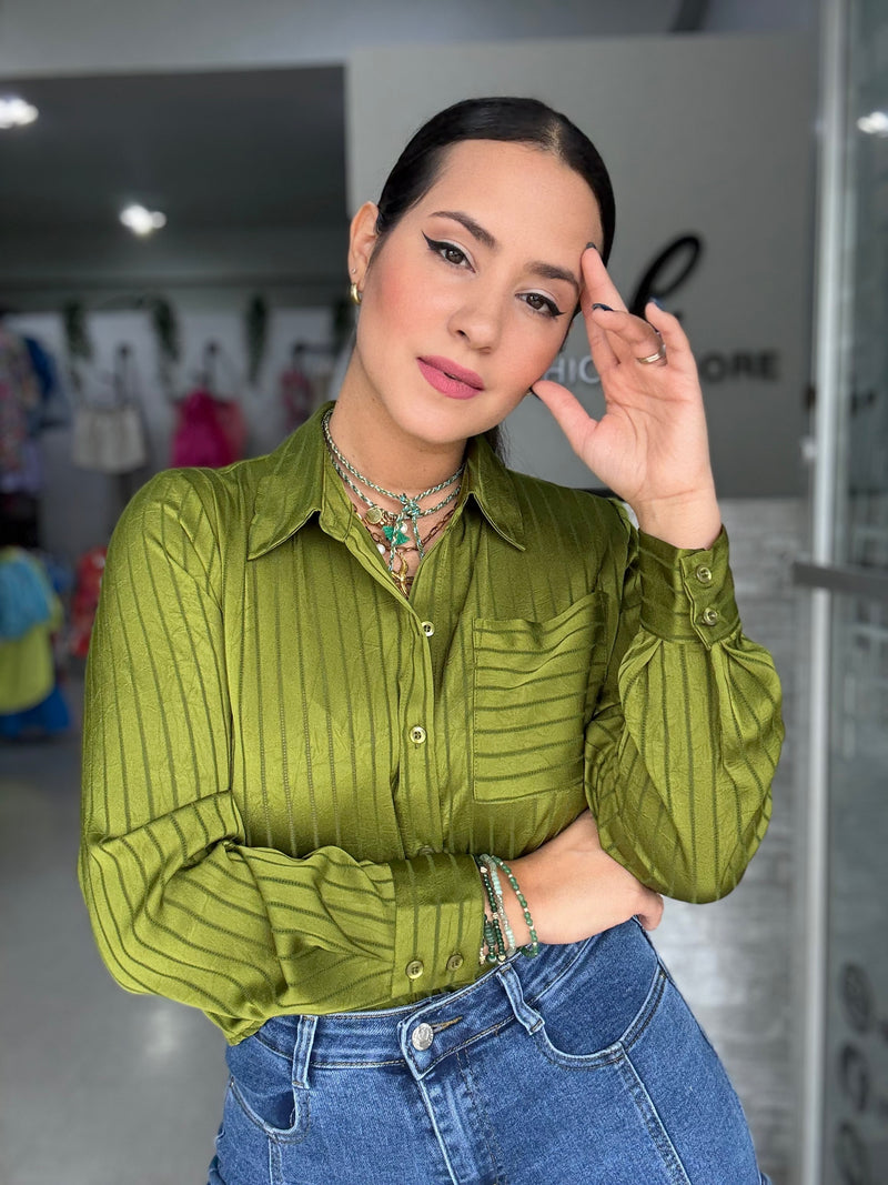 Olive Texture Button Blouse