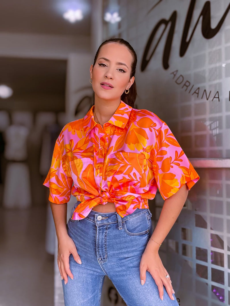 Multi Orange Satin Blouse