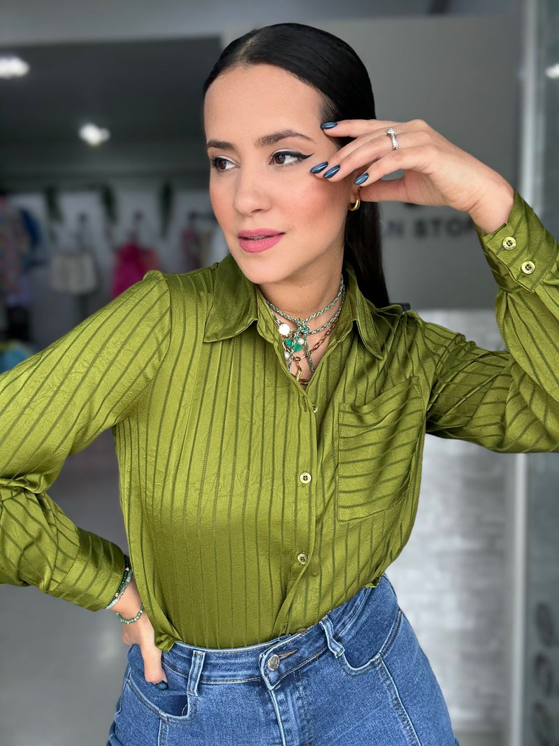 Olive Texture Button Blouse