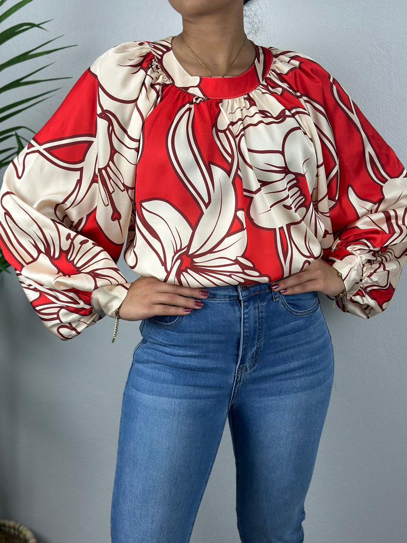 Beige and Red Flowers Blouse