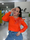 Orange Organza Flower Sweater