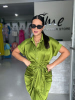 Olive Satin Midi Dress