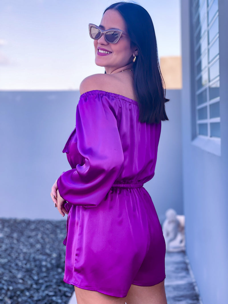 Purple Satin Cargo Romper