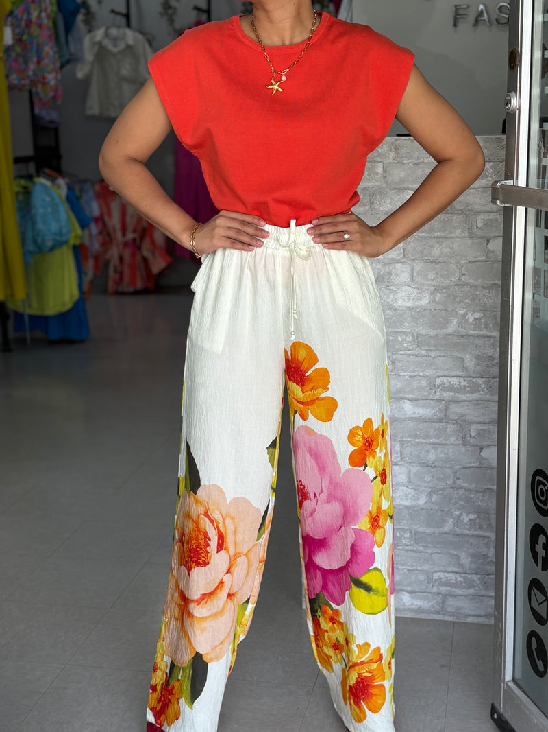 Cream Flowers Pants