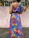 Blue Printed One Shoulder Dress