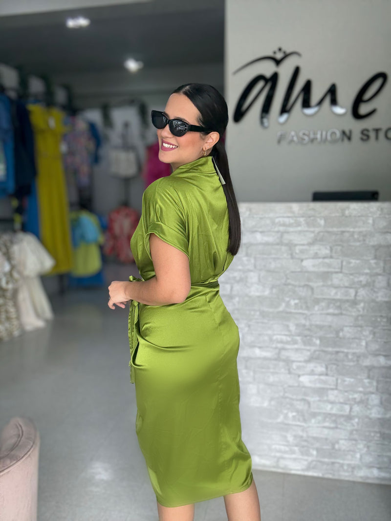 Olive Satin Midi Dress