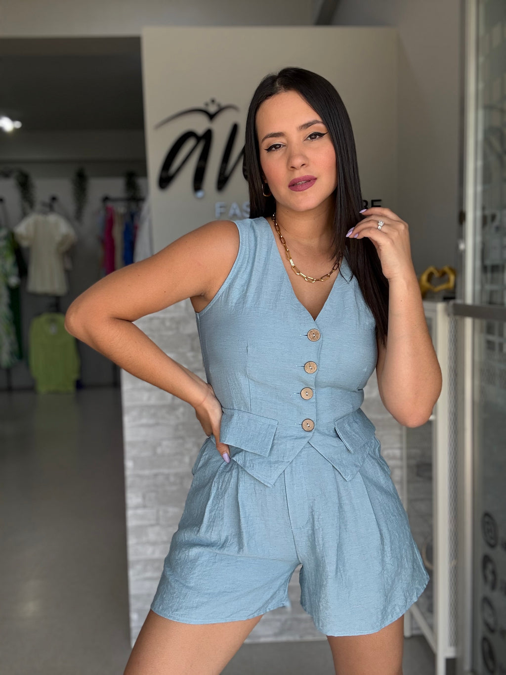 Blue Linen Short Set