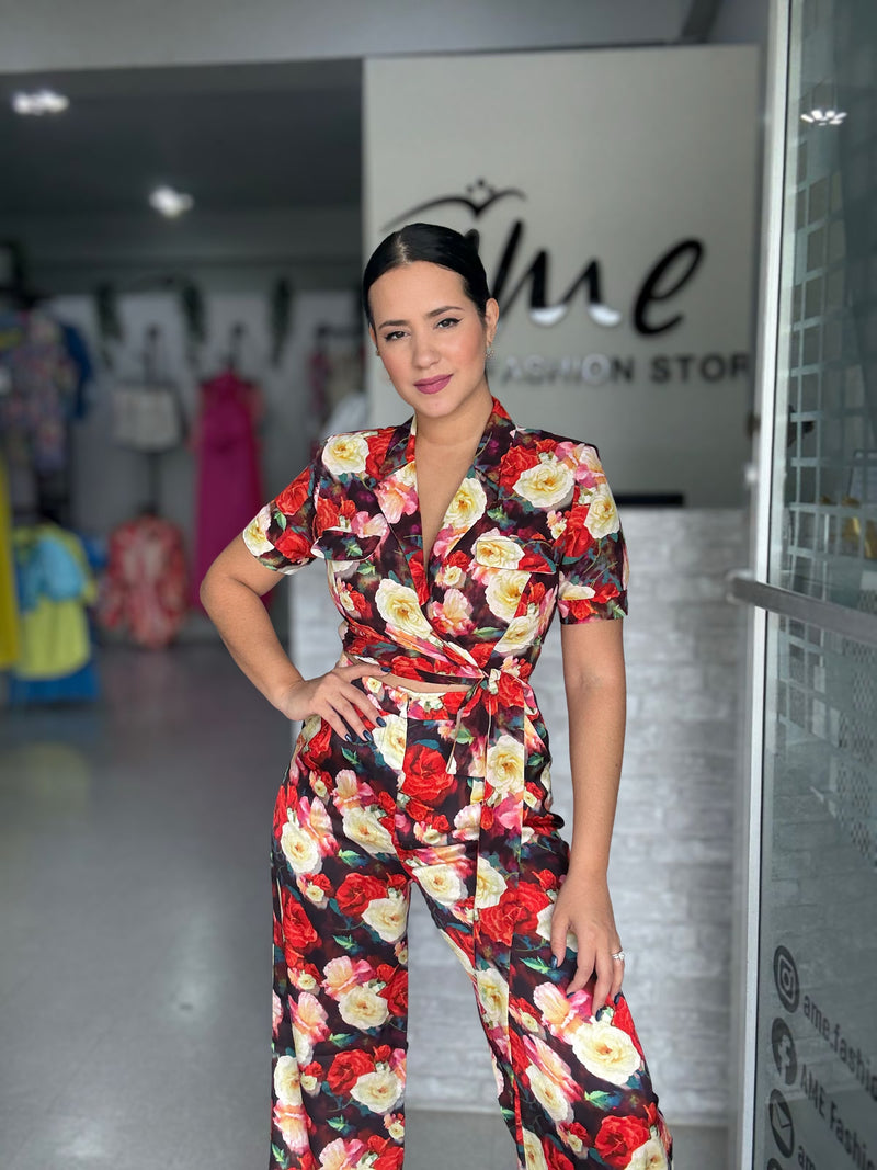 Red Floral Satin Set