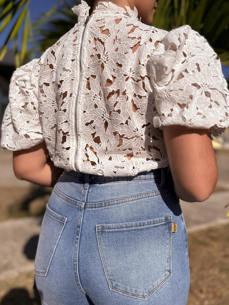 White Puffy Guipure Top