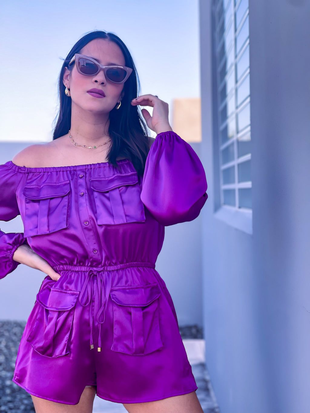 Purple Satin Cargo Romper