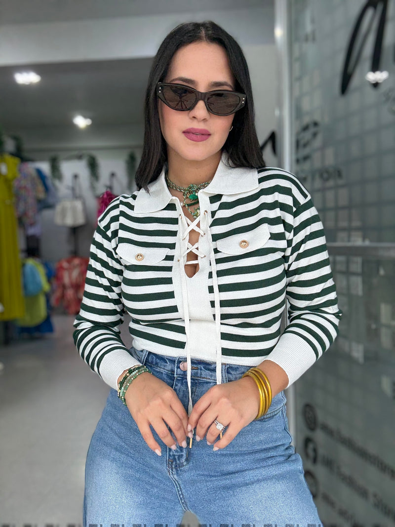 Green Stripes Sweater Top