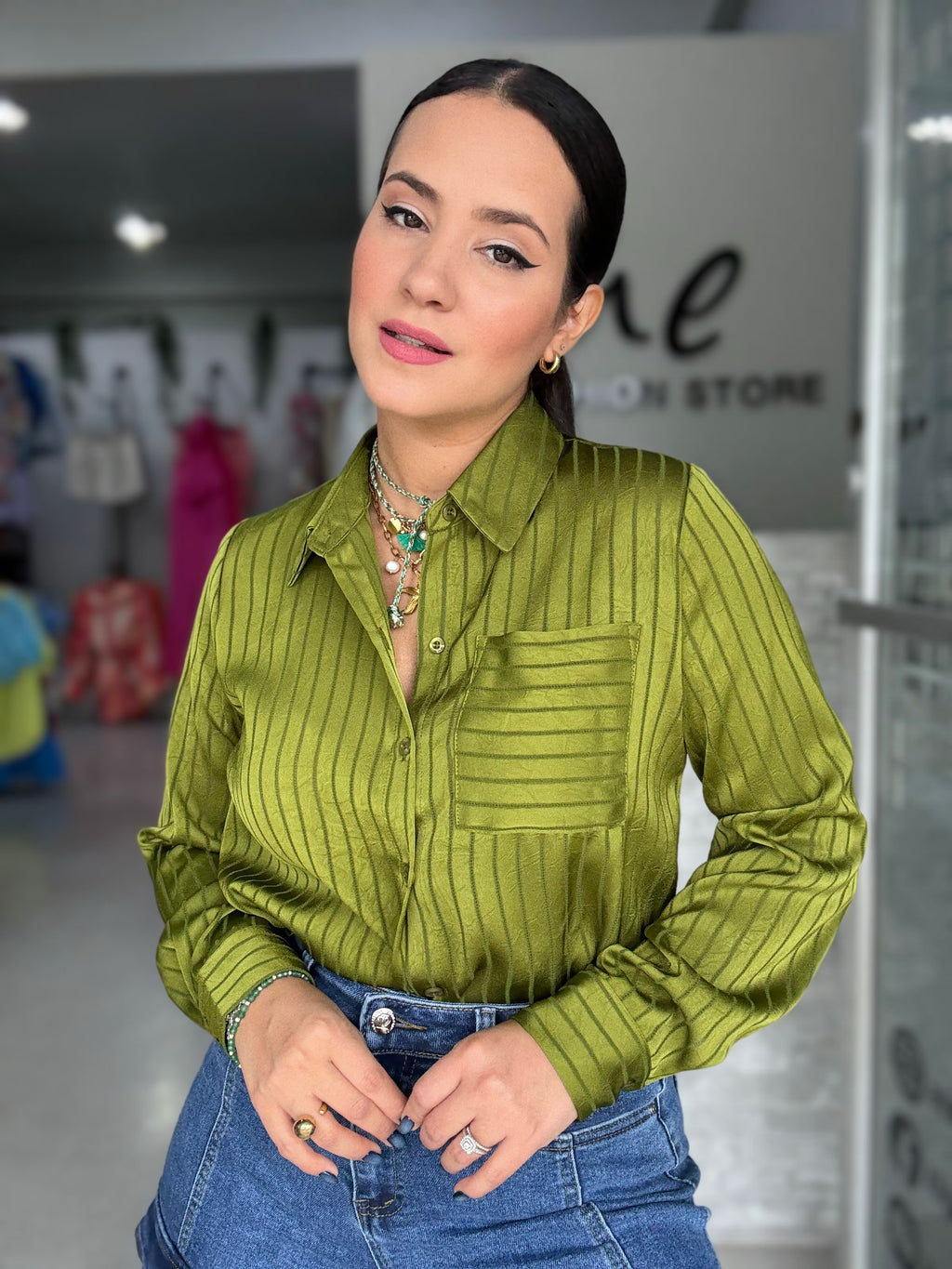Olive Texture Button Blouse
