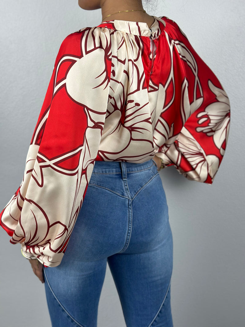 Beige and Red Flowers Blouse