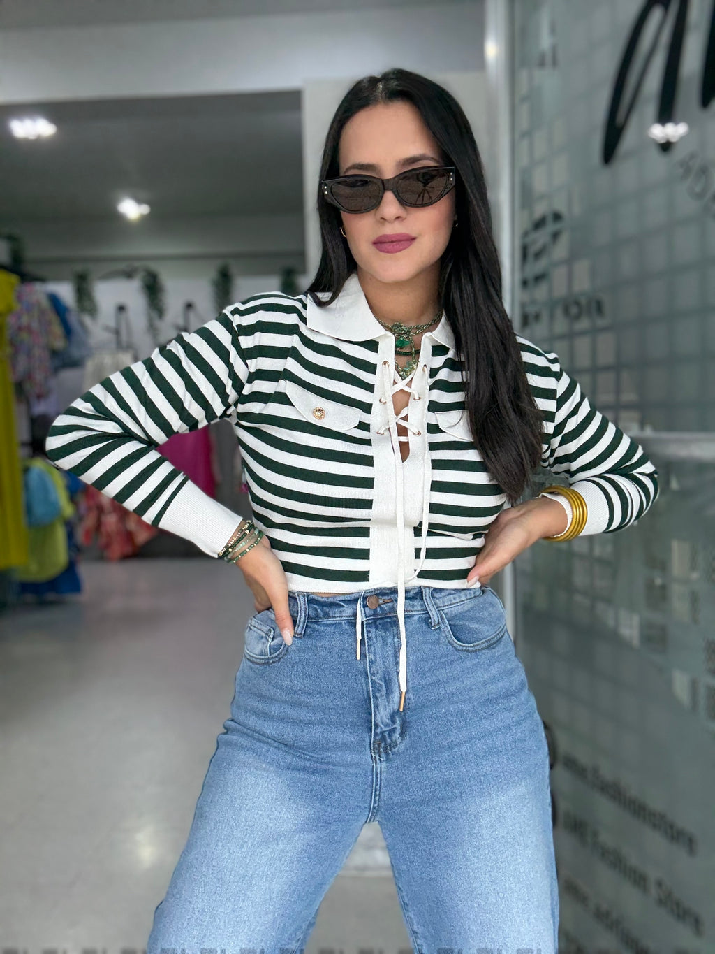 Green Stripes Sweater Top