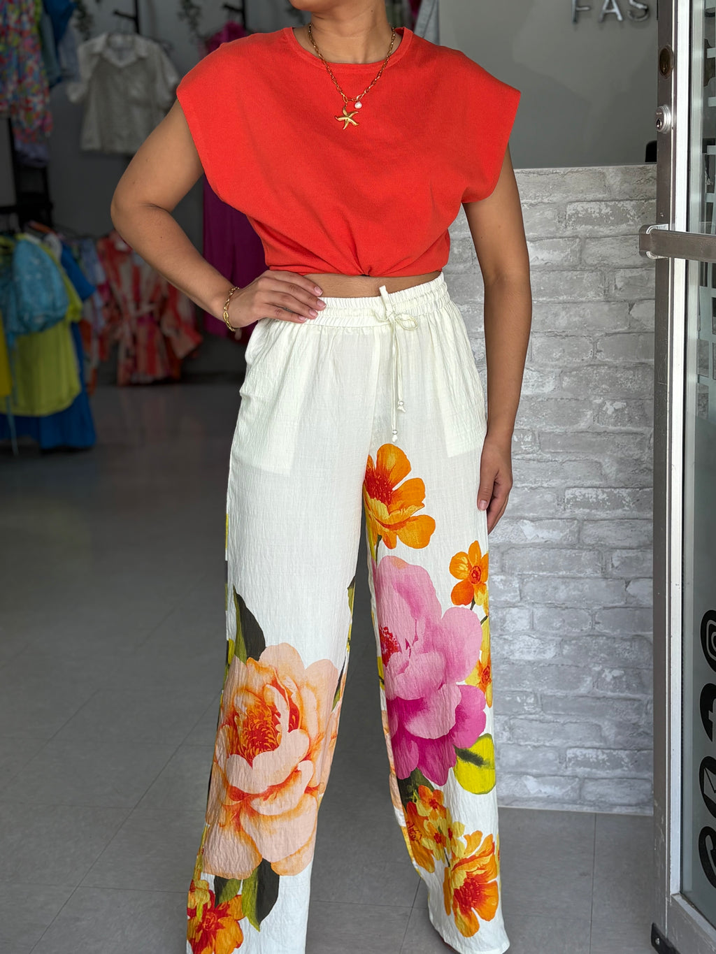 Cream Flowers Pants