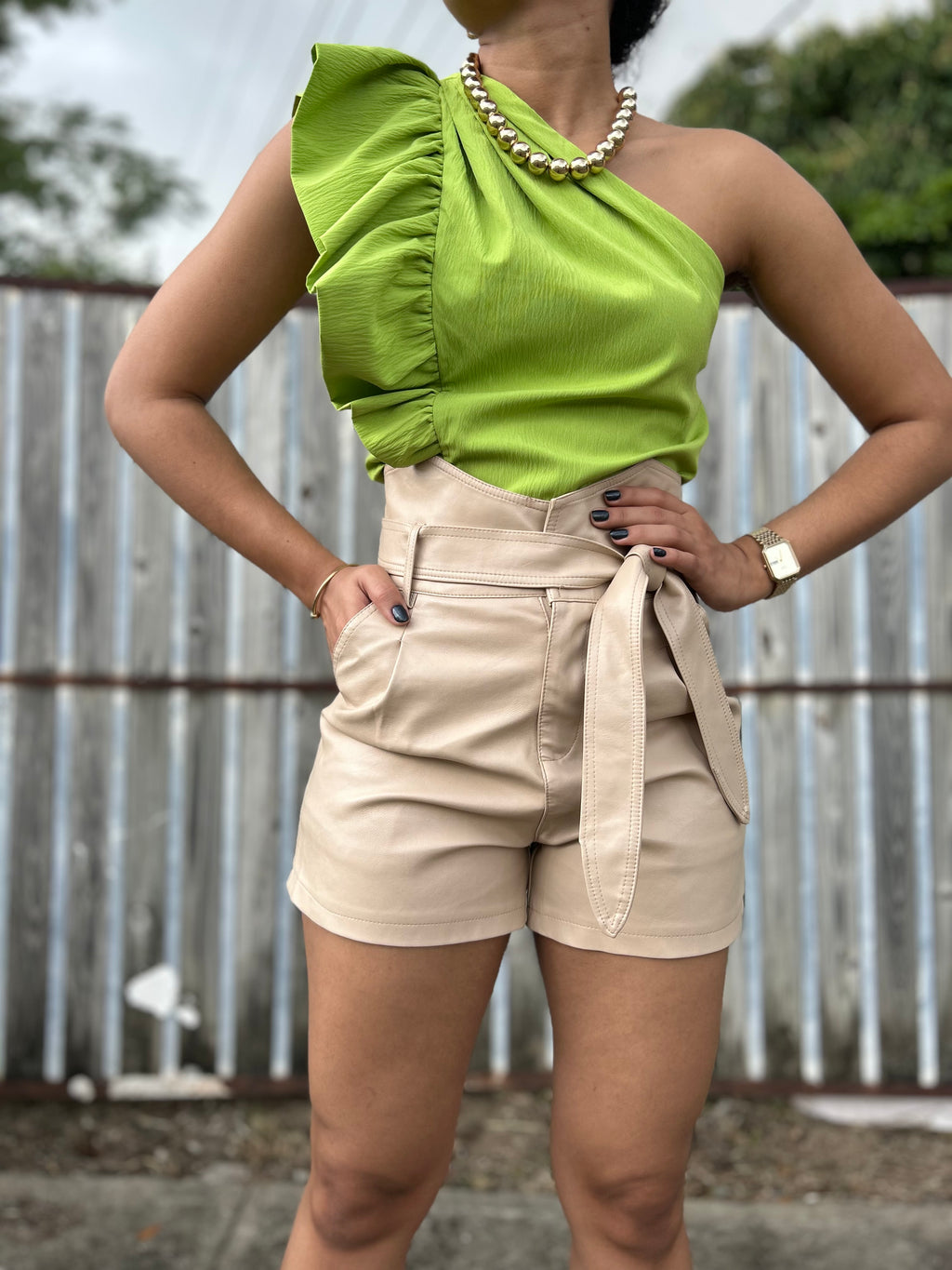High Waisted Beige Leather Short