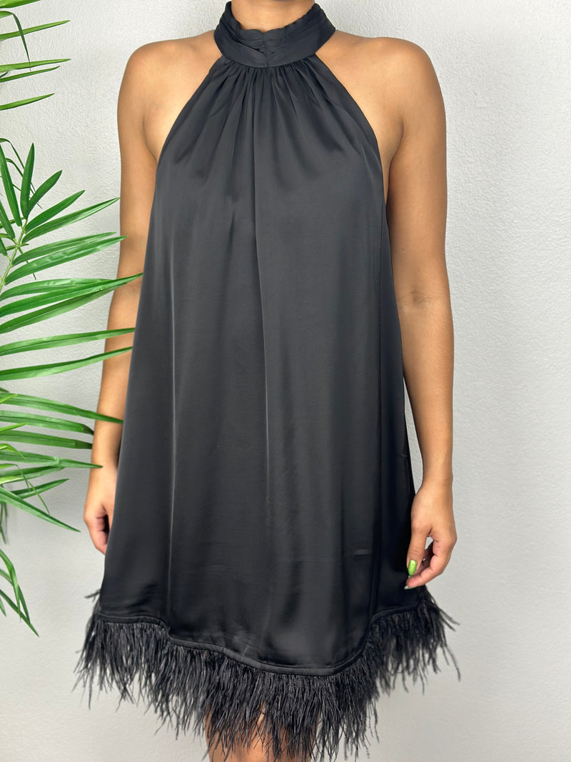 Black Feathers Satin Dress