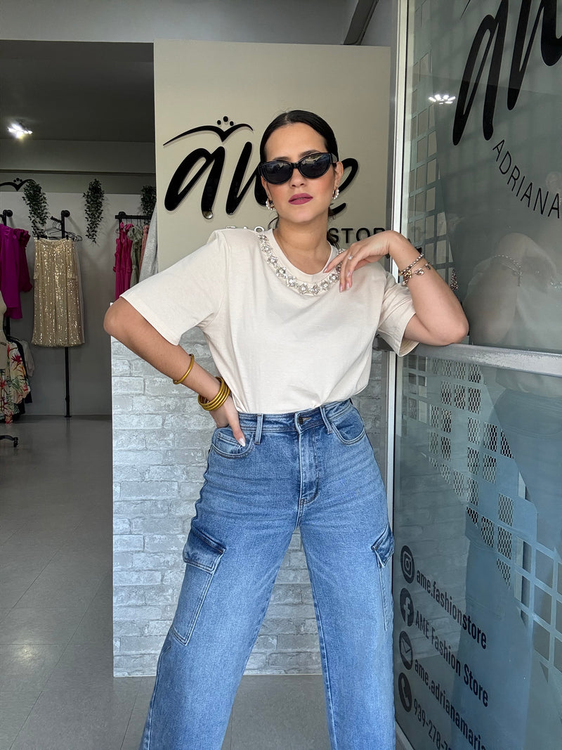 Rhinestones Beige Tshirt