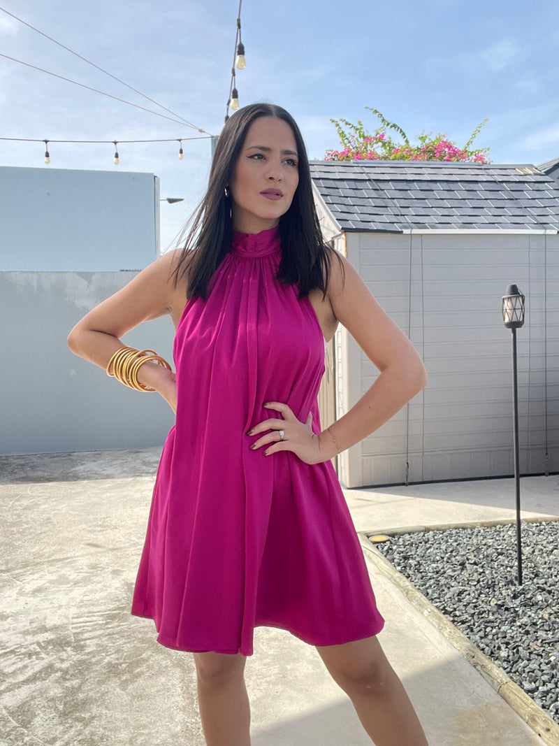 Fuchsia Satin Halter Dress