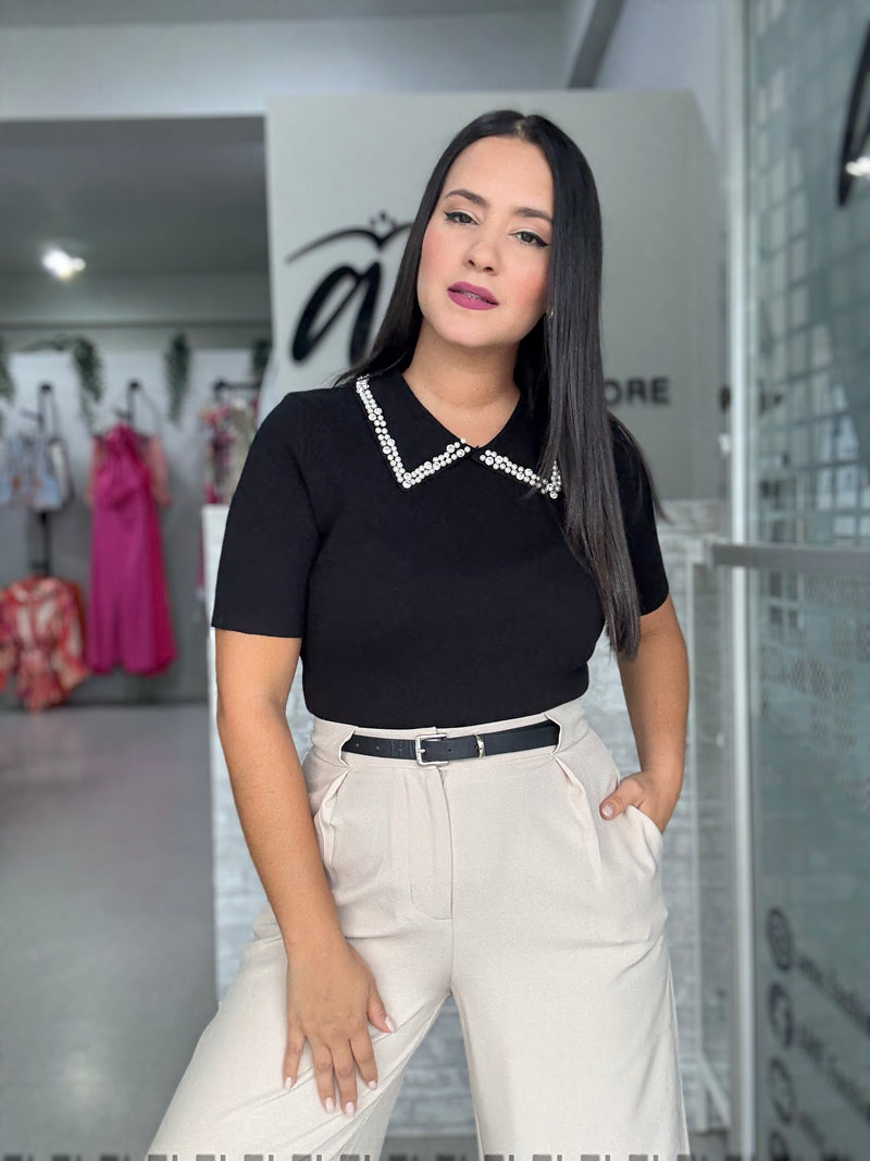 Pearls Collar Black Top