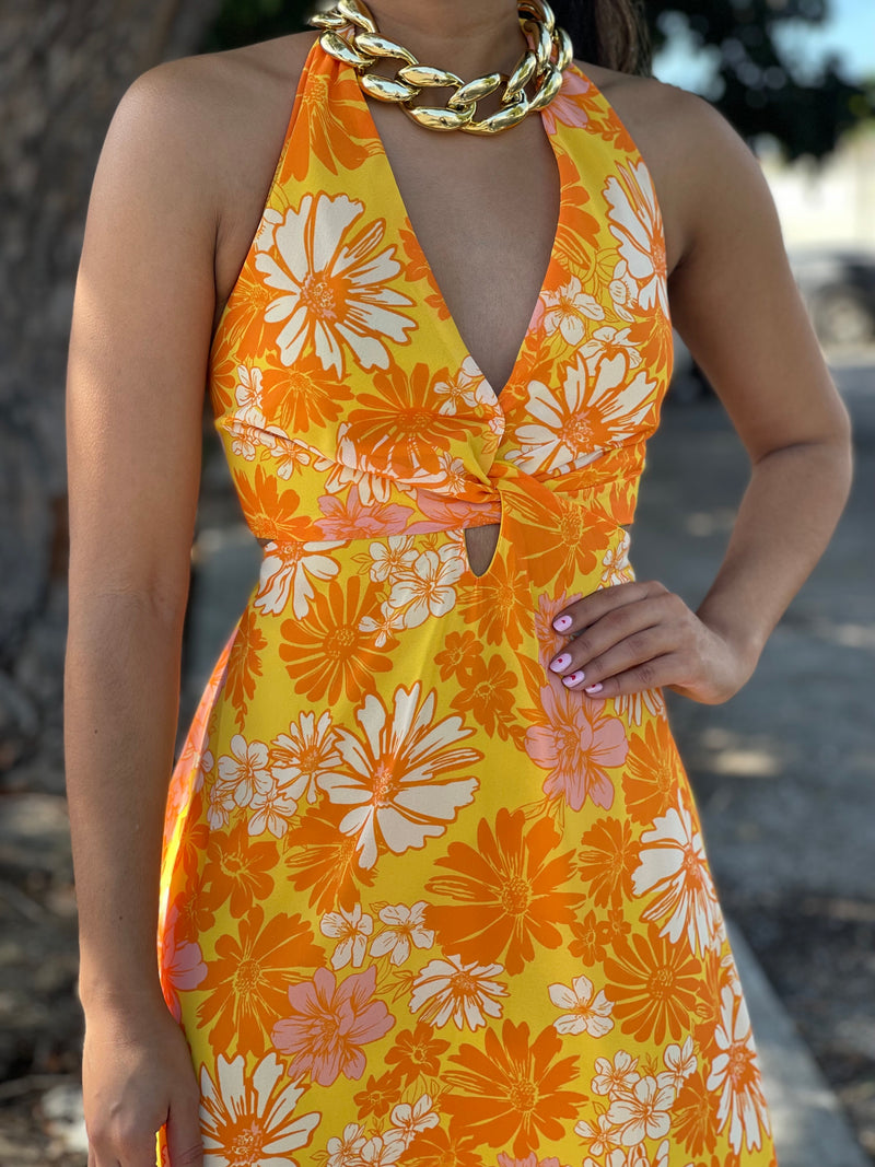 Orange Flowers Halter Dress