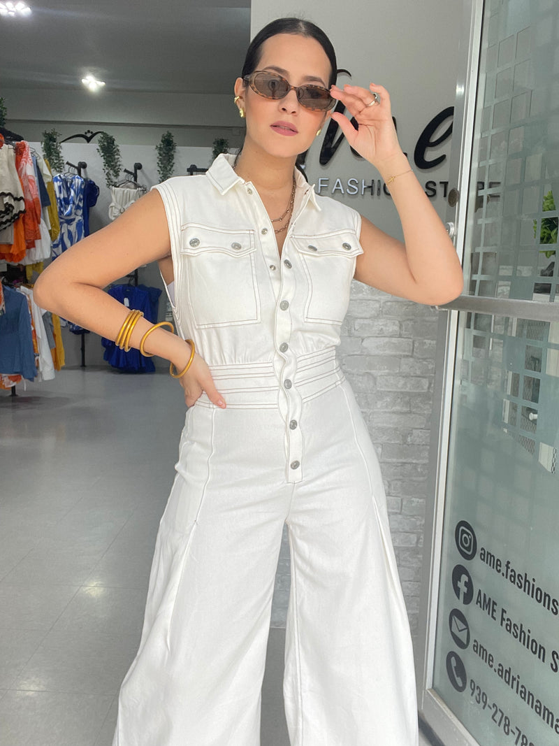 White Palazzo Denim Jumpsuit