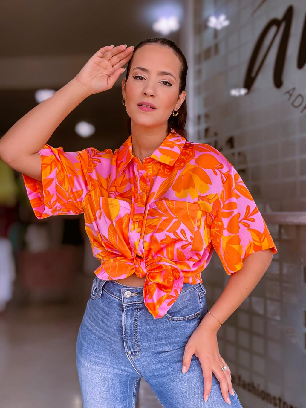 Multi Orange Satin Blouse