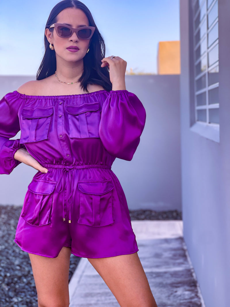 Purple Satin Cargo Romper