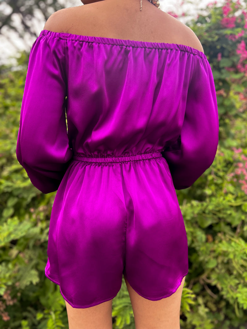 Purple Satin Cargo Romper