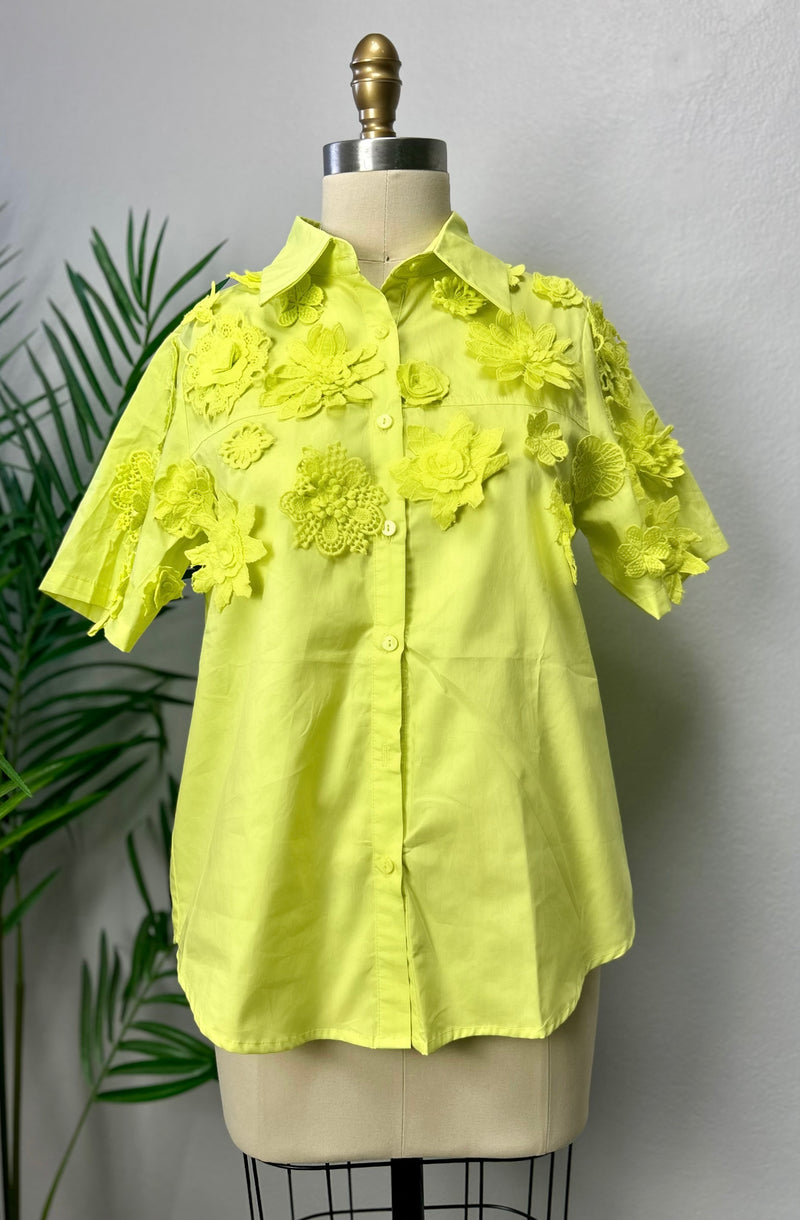 Lime Embroidery Flowers Blouse