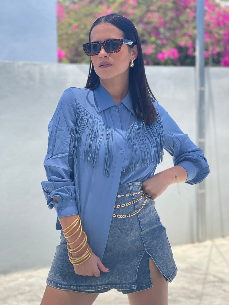 Denim Blue Fringes Shirt