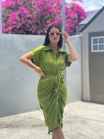 Olive Satin Midi Dress