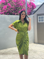 Olive Satin Midi Dress