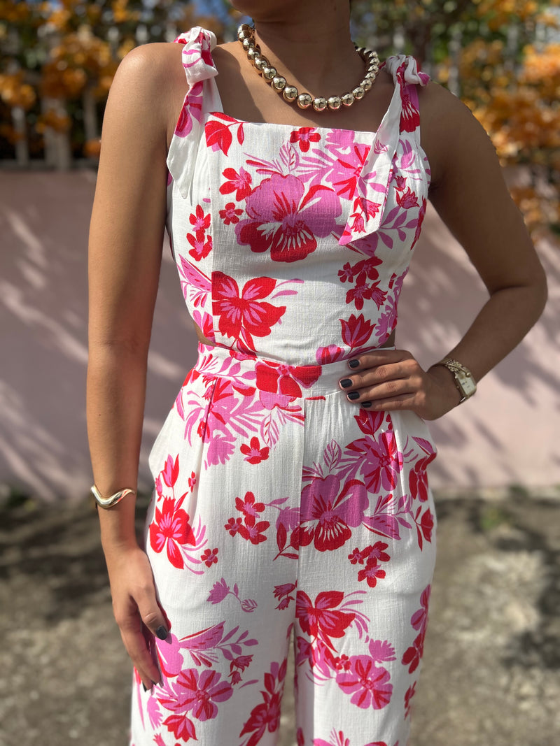 Red Tropical Cut Out Jumpsuit