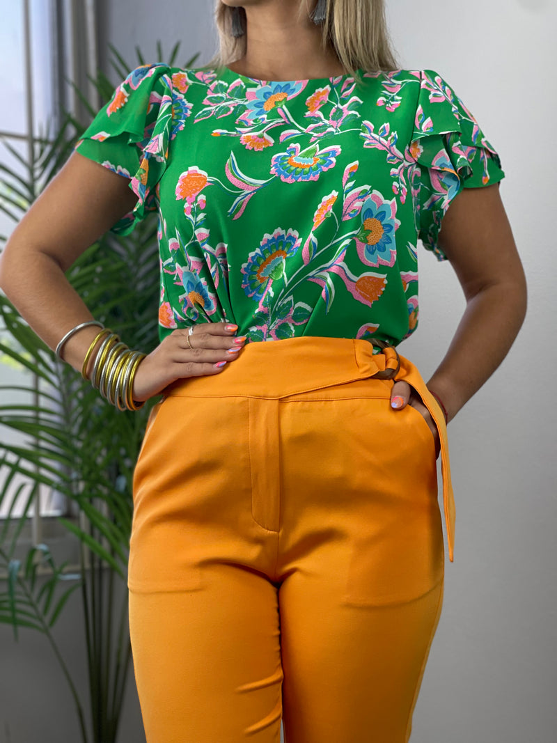 Green Tropical Ruffles Blouse