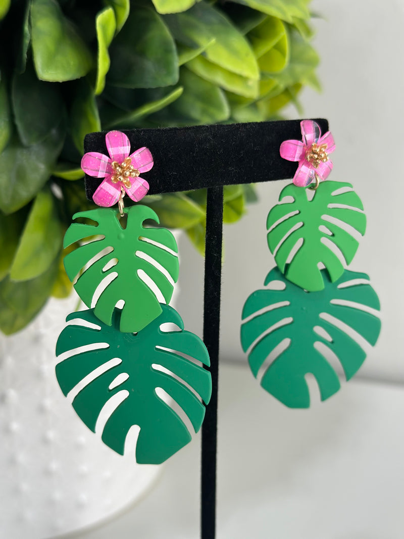 Pink And Green Leaf Earrings