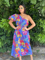 Blue Printed One Shoulder Dress