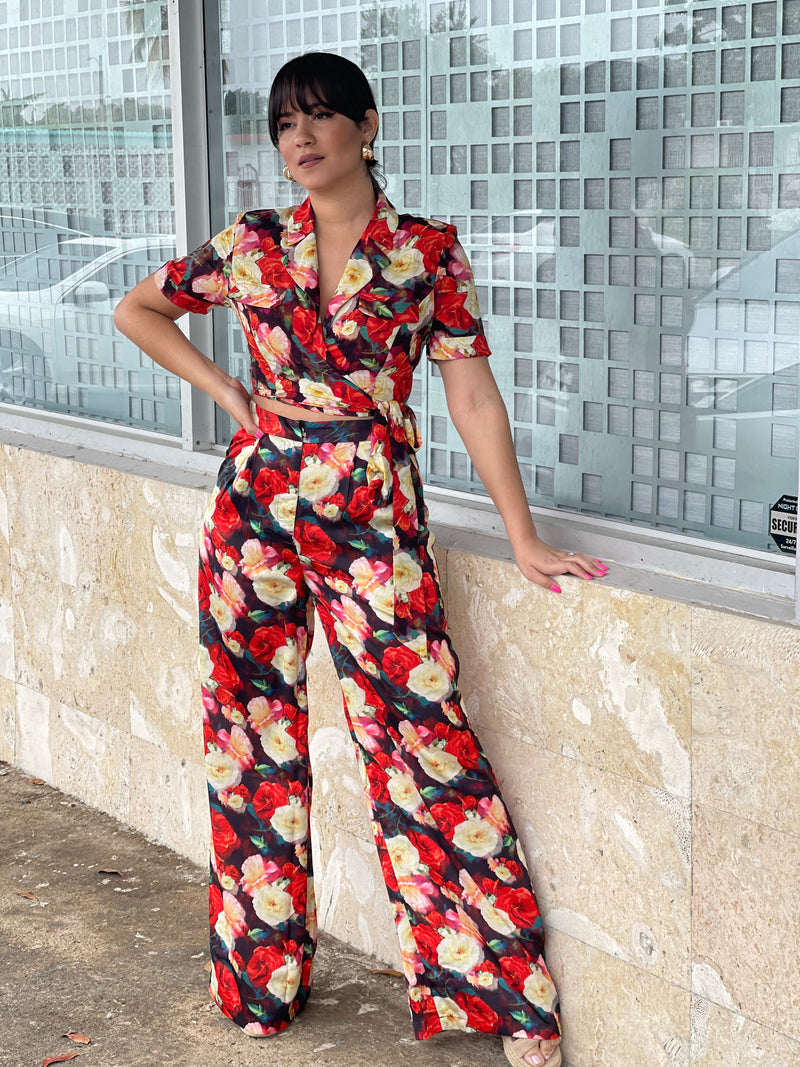 Red Floral Satin Set