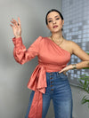 One Shoulder Satin Salmon Top