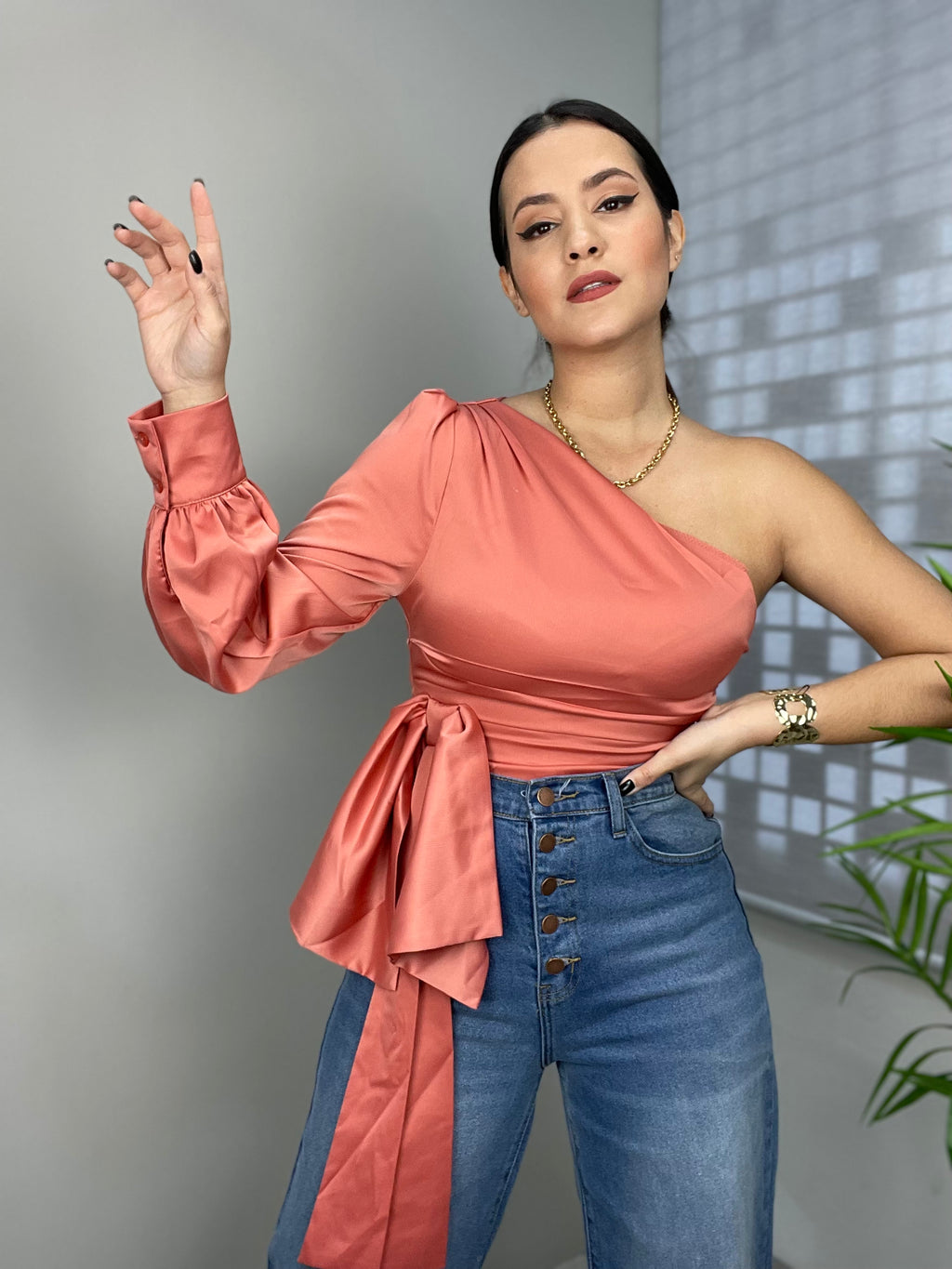 One Shoulder Satin Salmon Top