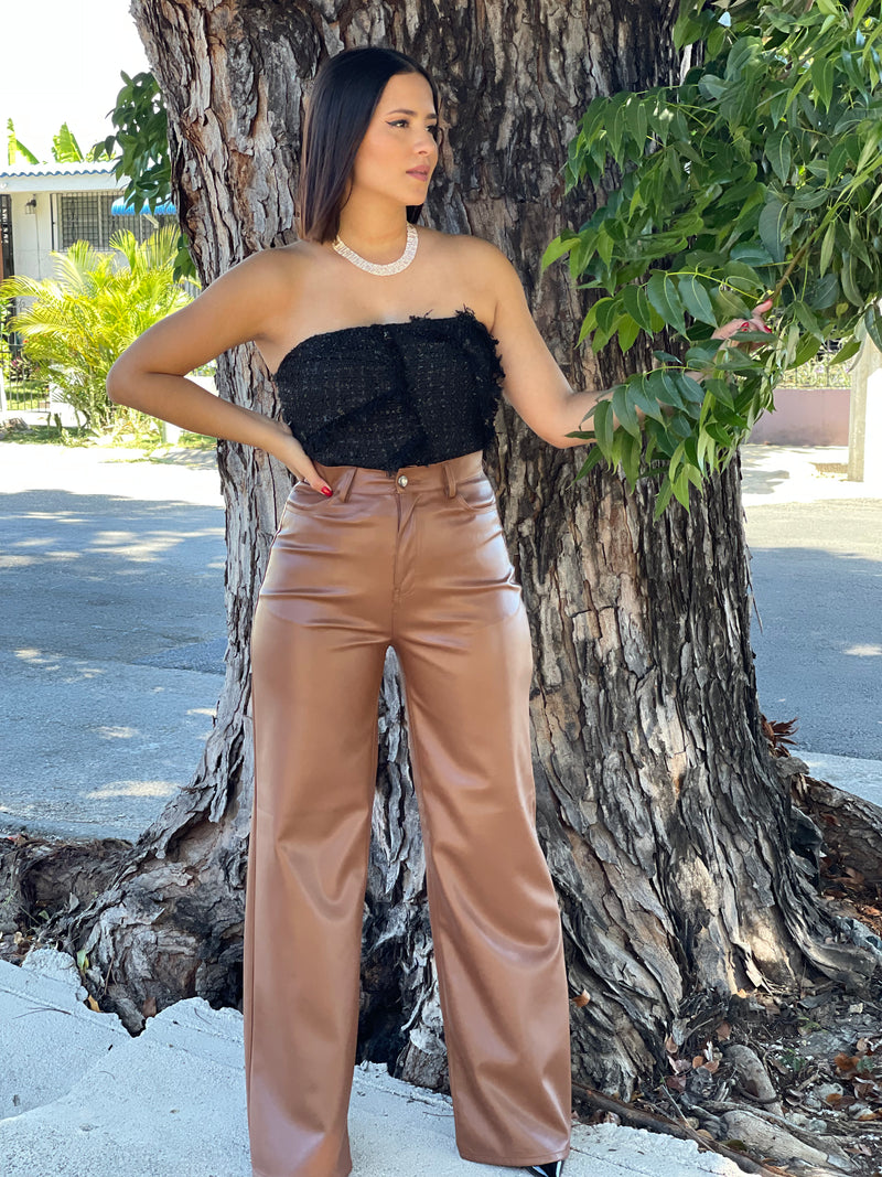 Brown Leather Wide Leg Bottom