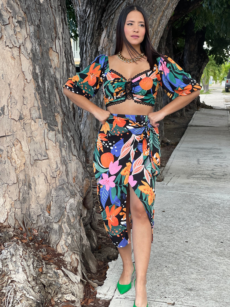 Black Floral Print Skirt